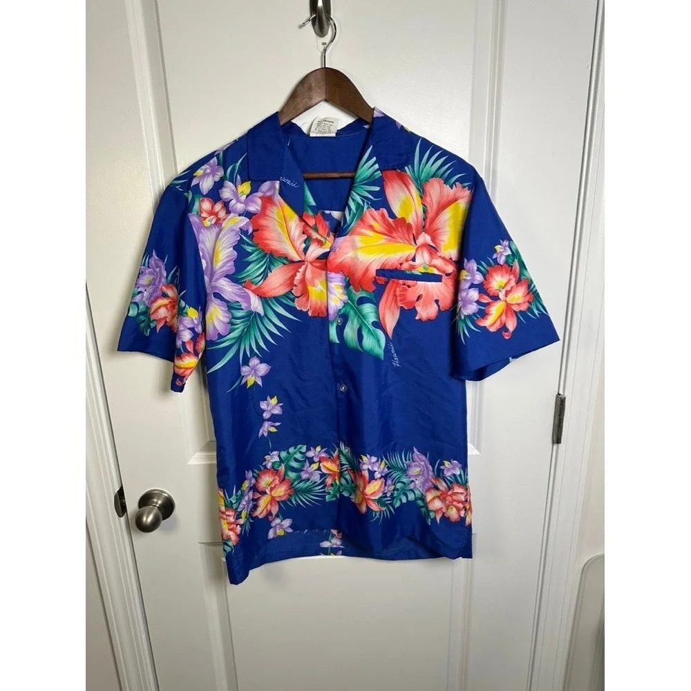 Royal Creations Hawaii Mens Blue Tropical Floral Hibiscus Shirt Size Medium